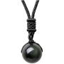 Double Rainbow Eyes 16mm Natural Obsidian Stone Pendant Lucky Blessing Beads Pendant Necklace with Adjustable Braided Rope Cord Amulet