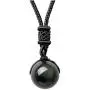 Double Rainbow Eyes 16mm Natural Obsidian Stone Pendant Lucky Blessing Beads Pendant Necklace with Adjustable Braided Rope Cord Amulet