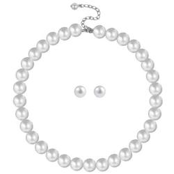 Faux Pearl Necklace Set Strand Pearl Stud Earring for Women Wedding