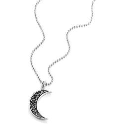 COOLSTEELANDBEYOND Tribal, Mens Womens Steel Vintage Crescent Moon Pendant Necklace with Braided Knot, Silver Black