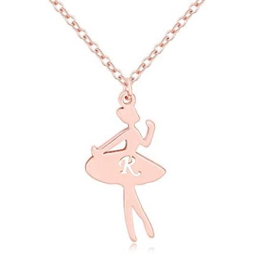 MANZHEN Rose Gold Ballerina Dancer Recital Gift Ballet Dance with Initial Alphabet Pendant Necklace Girls Jewelry (R)