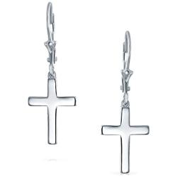 Minimalist Simple Delicate Small Religious Cross Drop Dangle Earrings For Women For Teen Secure Leverback High Polished 925 Sterling Silver