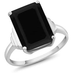 Gem Stone King 925 Sterling Silver Black Onyx Womens Ring (6.60 Cttw Emerald Cut 14X10MM Available 5,6,7,8,9)