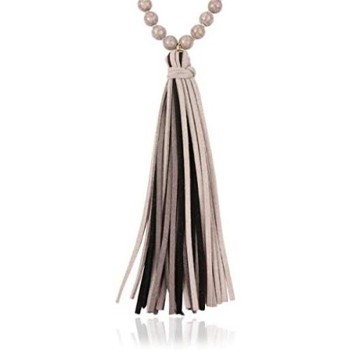 RIAH FASHION Bohemian Tassel Statement Necklace - Lightweight Fabric Faux Suede Fringe Long Bead Chain
