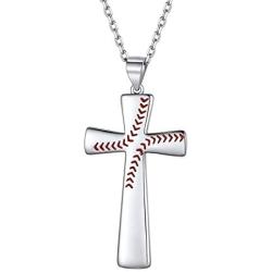 Nofade Silver Men Women 925 Sterling Silver Baseball Cross Pendant Necklace with 18 Inches Sterling Silver Chain, Customizable (with Gift Box)