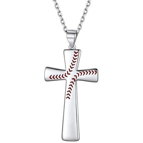 Nofade Silver Men Women 925 Sterling Silver Baseball Cross Pendant Necklace with 18 Inches Sterling Silver Chain, Customizable (with Gift Box)