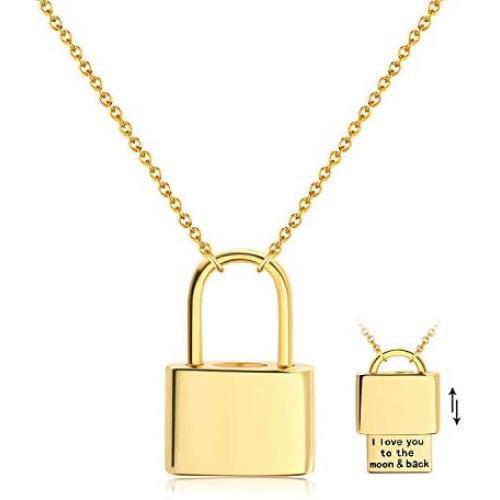 18K Gold Plated Dainty Inspirational Engraved Necklace Lock Necklace Pendant Handmade Gold Choker Hidden Messages Letter Necklace for Women