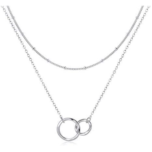 Fettero Layered Necklace Double Circle Generations Interlocking Infinity Hammered Pendant Dainty 14K Plated Minimalist Simple for Mother Daughter Sister Granddaughter Grandson Jewelry Gift