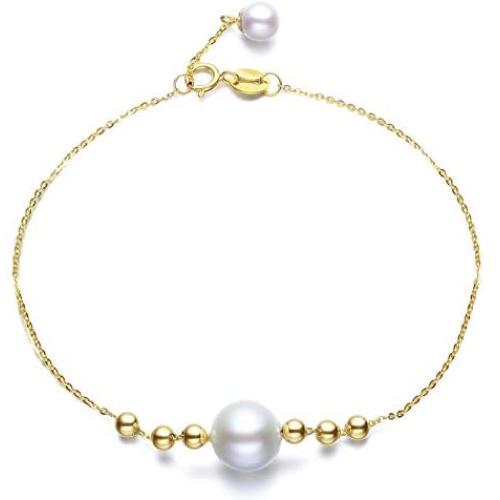 Freshwater Cultured White Pearl Bracelet 18K Yellow Gold Adjustable Link Chain 8-8.5mm Pearl Bracelet Wrist Jewelry Gifts for Women Girls