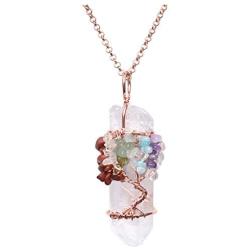 Crystal Necklace Natural Clear Crystal Amethyst Rose Quartz Pendant Tree of Life Necklace Wire Wrapped Healing Crystal Wand Pendant Jewelry Necklaces for Yoga Meditation Good Energy Gift for Women
