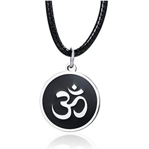Mens Buddha Namaste Ohm Om Aum Sanskrit Symbol Medallion Pendant Necklace,Hindu Amulet Yoga Jewelry