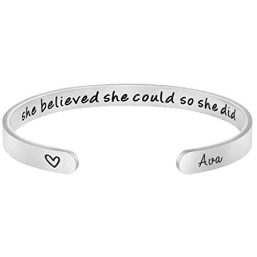 MEMGIFT Inspirational Bracelets for Women Personalized Name Birthday for Her Engraved Cuff Bangle