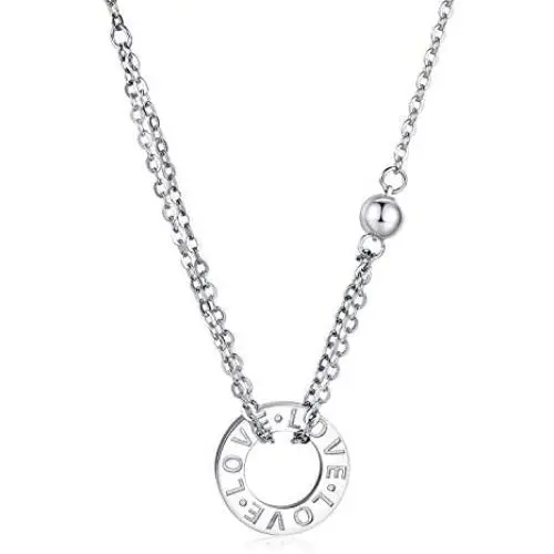 Solid Sterling Silver Circle''LOVE'' Engraved Annulus Pendant Necklace 18''+2'' Extender