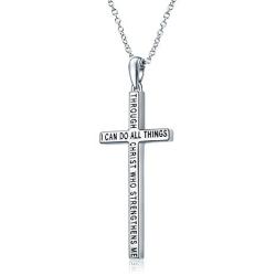 Cross Pendant Necklace for Women Men Sterling Silver I Can Do All Things Through Christ who Strengthen Me Inspirational Christian Gifts for Girls Boys 18