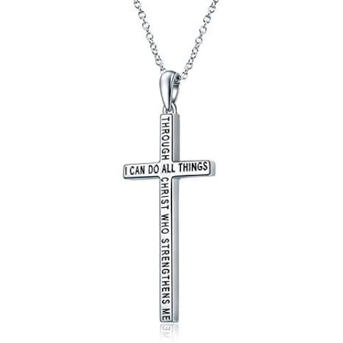 Cross Pendant Necklace for Women Men Sterling Silver I Can Do All Things Through Christ who Strengthen Me Inspirational Christian Gifts for Girls Boys 18