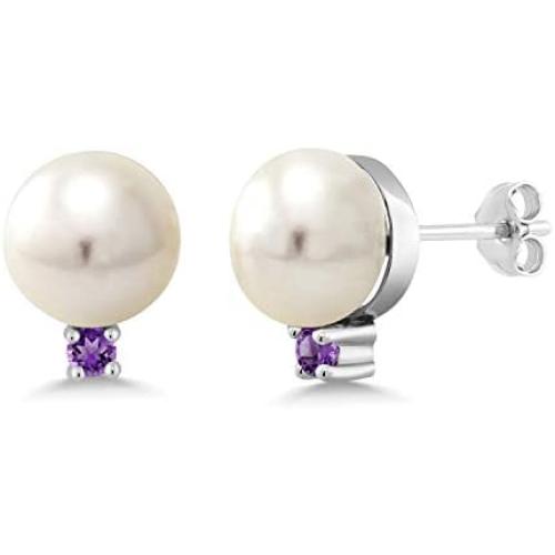 Gem Stone King 925 Sterling Silver Pink Cultured Freshwater Pearls and Purple Amethyst Women Earrings