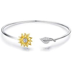 GOXO Boho Sterling Silver Golden Sunflower Cuff Adjustable Bracelet for Women Girls