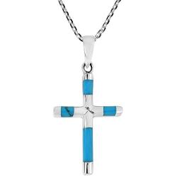 AeraVida Elegant X Cross Simulated Turquoise Inlay .925 Sterling Silver Pendant Necklace