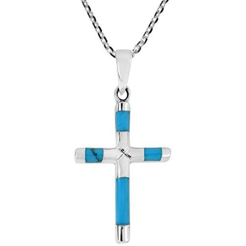 AeraVida Elegant X Cross Simulated Turquoise Inlay .925 Sterling Silver Pendant Necklace