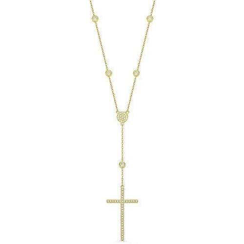 NYC Sterling Diamond by Yard Cross Crucifix CZ Crystal 925 Sterling Silver Pendant & Catholic Rosary Necklace