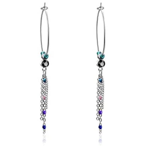 Stainless Steel Boho Hoop Earrings, Pink Stone/Nature Agate/Turquoise Beads/Circle Tassel Dangle Hoop Earrings Round Statement Earrings for Women