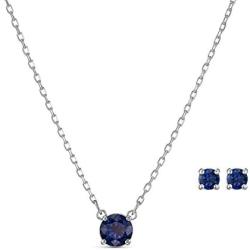 Swarovski Womens 125th Anniversary Attract Round Crystal Necklace and Pierced Earring Jewelry Set, Blue Crystals with Rhodium Plated Metal