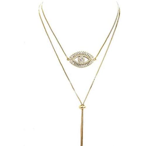 Gold Evil Eye Lariat Necklace for Women 18K Gold Plated Sliding Adjustable Chain Choker Jewelry