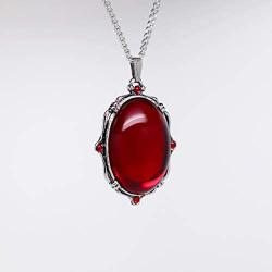 Blood Red Oval Stone In Silver Finish Pewter Frame Pendant Necklace