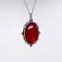 Blood Red Oval Stone In Silver Finish Pewter Frame Pendant Necklace
