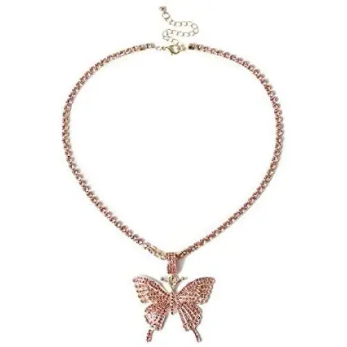 Butterfly Cuban Link Necklace Set Big Butterfly Pendant Necklace Bling Rhinestones Chain Fashion Accessory Silver Crystal Choker Necklace Jewelry for Women Men Hip Hop Lovers