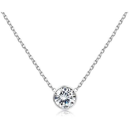 Sllaiss 925 Sterling Silver Swarovski Cubic Zirconia Solitaire Pendant Necklace White Round-Cut CZ Chain Necklace ,Fine Jewelry for Anniversary Christmas 16.5”+2”