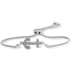 Jewelili Sterling Silver Natural White Round Diamond Accent Anchor Bolo Bracelet, 9.5''