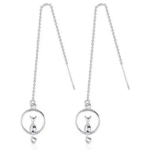 HZJCC White gold plated Cat dangle Earrings for women long chain drop earrings Tassels Jewelry HZJCC White gold plated Cat dangle Earrings for women long chain drop earrings Tassels Jewelry