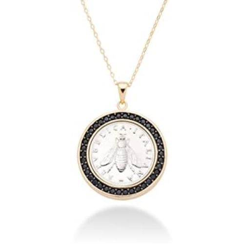 Miabella 18K Gold over Sterling Silver Black Spinel Genuine Italian 2-Lira Bee Coin Pendant Necklace, 18 Inch Chain 925 Made in Italy