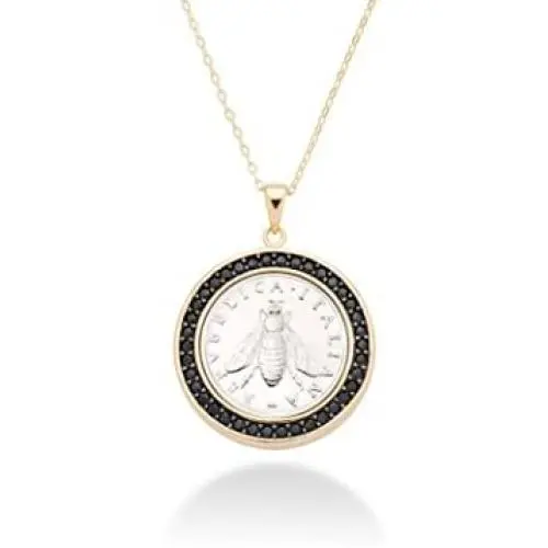 Miabella 18K Gold over Sterling Silver Black Spinel Genuine Italian 2-Lira Bee Coin Pendant Necklace, 18 Inch Chain 925 Made in Italy