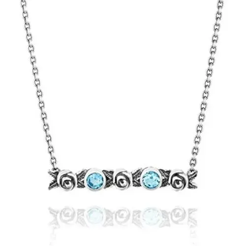 PZ Paz Creations 925 Sterling Silver Rose Flower Gemstone Bar Necklace for Women | Bezel-Set Birthstone | Hypoallergenic Dainty Everyday Fashion Jewelry