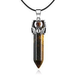 Natural Healing Crystals Point Pendant Necklace Reiki Hexagonal Pointed Stone, Leaf Wrap Gemstone Quartz Jewelry for Women with 18 in Stainless Steel Chain Strap Gift Box - Tigereye Stone