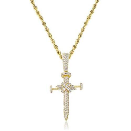 JINAO Hip Hop Iced Out CZ Nail Cross Necklace 18K Gold Plated Simulated Diamond Pendant for Men Boys