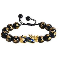 ABONDEVER Feng Shui Pixiu Black Obsidian Wealth Bracelet Color Change 14K Plated Adjustable Handmade Braided Rope Lucky Jwelry