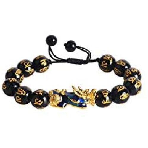 ABONDEVER Feng Shui Pixiu Black Obsidian Wealth Bracelet Color Change 14K Plated Adjustable Handmade Braided Rope Lucky Jwelry