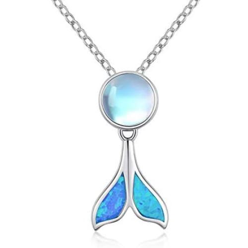 TRISHULA Mermaid Tail Necklace for Women,925 Sterling Silver Whale Tail Moonstone Pendant Cute Animal Jewelry Gift for Women Girl Mom Daughter