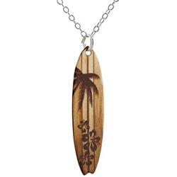 Wood Grain Surfboard Coated Stainless Steel Pendant Necklace w/ Palm Tree and Hibiscus 18'' Sterling Silver Chain