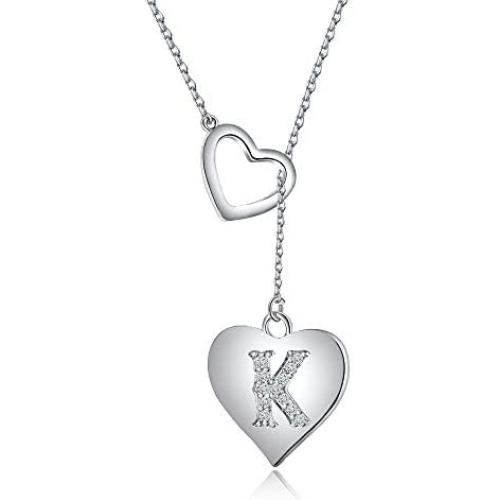 A - Z Heart Initial Necklace, 14K White Gold Plated Letter Necklace Y-Necklace Silver for Women Girls, Adjustable Heart Initial Cubic Zirconia Alphabet Necklace with Gift Box Card