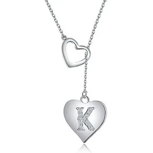 A - Z Heart Initial Necklace, 14K White Gold Plated Letter Necklace Y-Necklace Silver for Women Girls, Adjustable Heart Initial Cubic Zirconia Alphabet Necklace with Gift Box Card