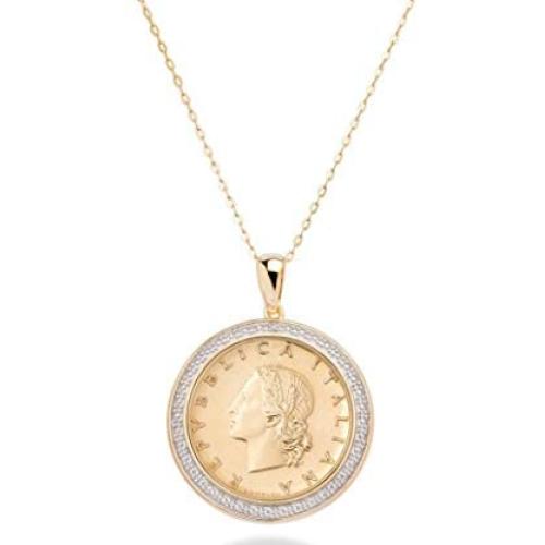 Miabella 18K Gold over Sterling Silver Diamond Accent Genuine Italian 20 Lira Coin Pendant Necklace for Women 18 Inch Chain 925 Medallion Necklace Made in Italy