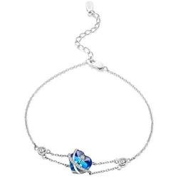 AOBOCO I Love You Jewelry Sterling Silver Heart Bracelet, Blue Purple Crystal from Austria, Fine Jewelry Gifts for Women