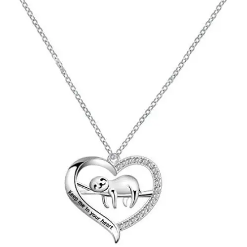 Sloth Necklace Heart Cute Animal Slider Sloths Stuffed Jewelry Engraved Keep me in your heart Gift for Animal Lovers Girls Women