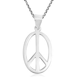 AeraVida Modern Oval Peace Sign Love not War .925 Sterling Silver Pendant Necklace