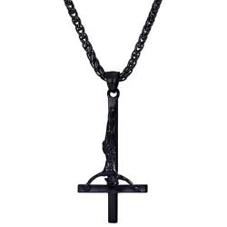 U7 Black Upside Down Crucifix Cross Pendant Black Stainless Steel Satanic Jewelry Inverted Cross Necklace, 3mm Twisted Metal Chain 24''