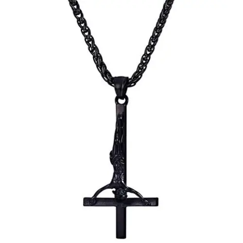U7 Black Upside Down Crucifix Cross Pendant Black Stainless Steel Satanic Jewelry Inverted Cross Necklace, 3mm Twisted Metal Chain 24''